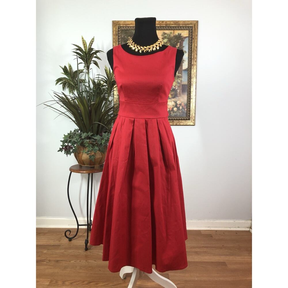 Pakula Women Dress Red Sleeveless SM Fit & Flare Ties Back Pleated Boho Resort